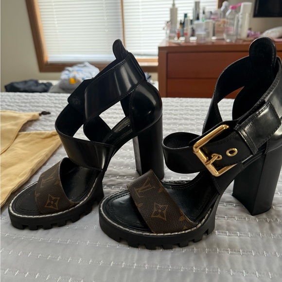 Authentic Louis Vuitton Star Trail Monogram Heeled Sandals - Picture 4 of 6
